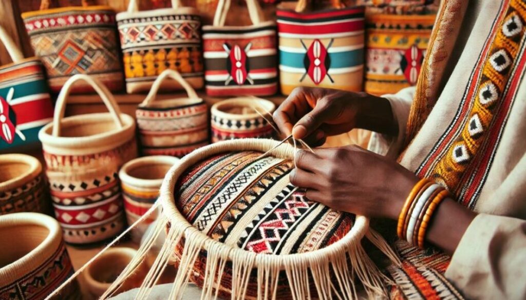 Kenyan artisan weaving a Kiondo bag